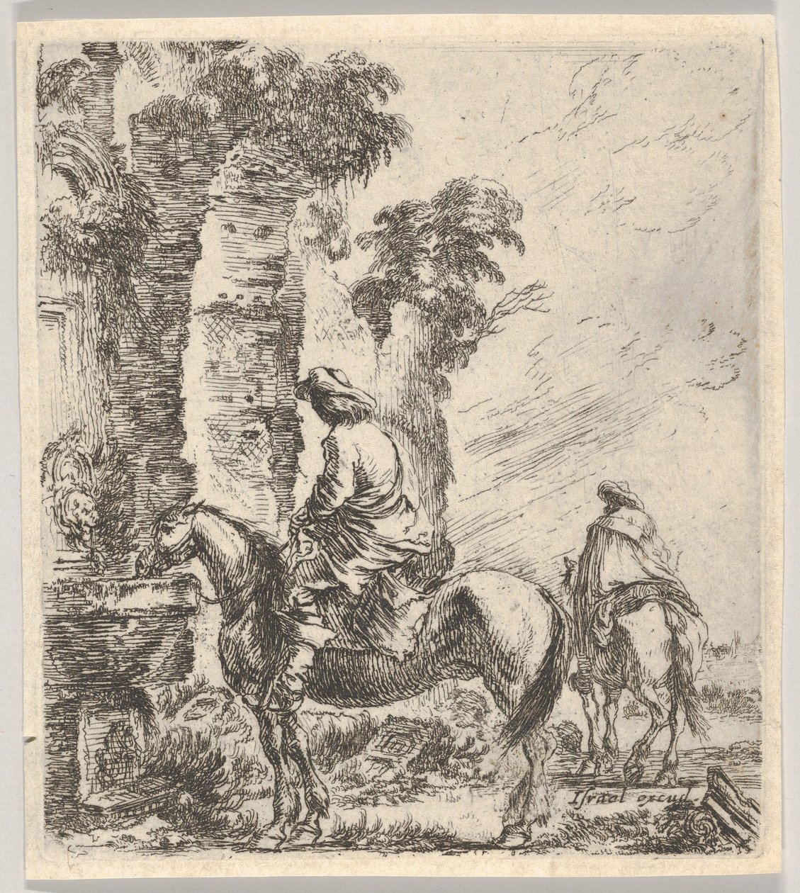 Planche 19: un cavalier faisant boire son cheval à une fontaine à gauche, un autre cavalier - Stefano della Bella