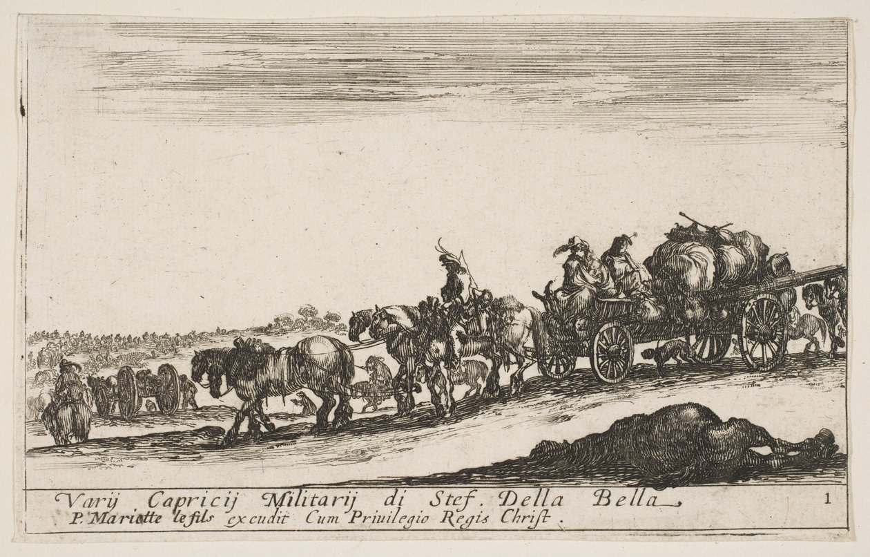 Planche 1 : Une charrette tirée par des chevaux transportant des personnes et des biens, cheval mort au premier plan - Stefano della Bella
