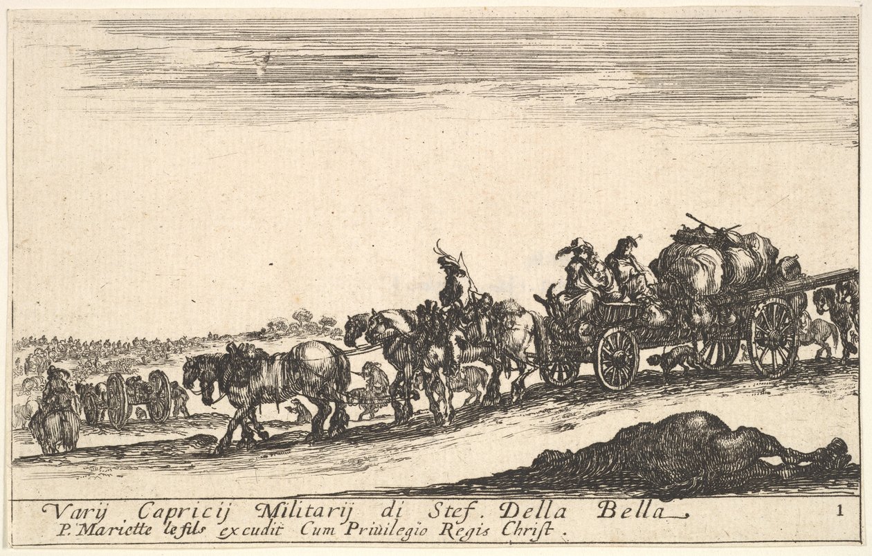 Planche 1 : Une charrette tirée par des chevaux transportant des personnes et des marchandises, cheval mort au premier plan, vers 1641. - Stefano della Bella