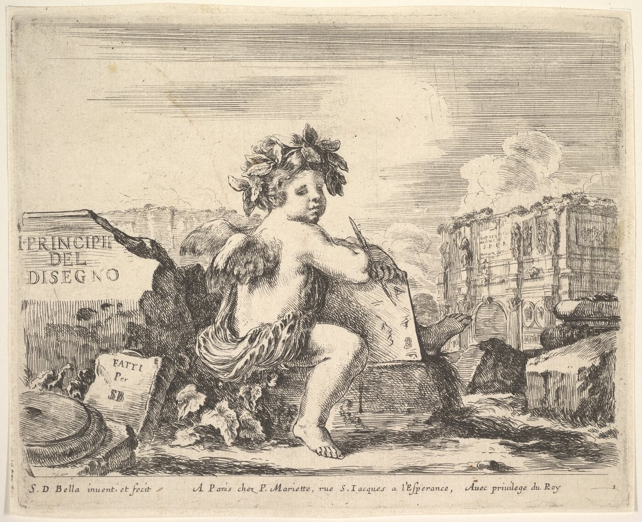 Planche 1 : le génie du dessin, un enfant avec des ailes, assis sur un rocher au centre tourné..., vers 1641 - Stefano della Bella