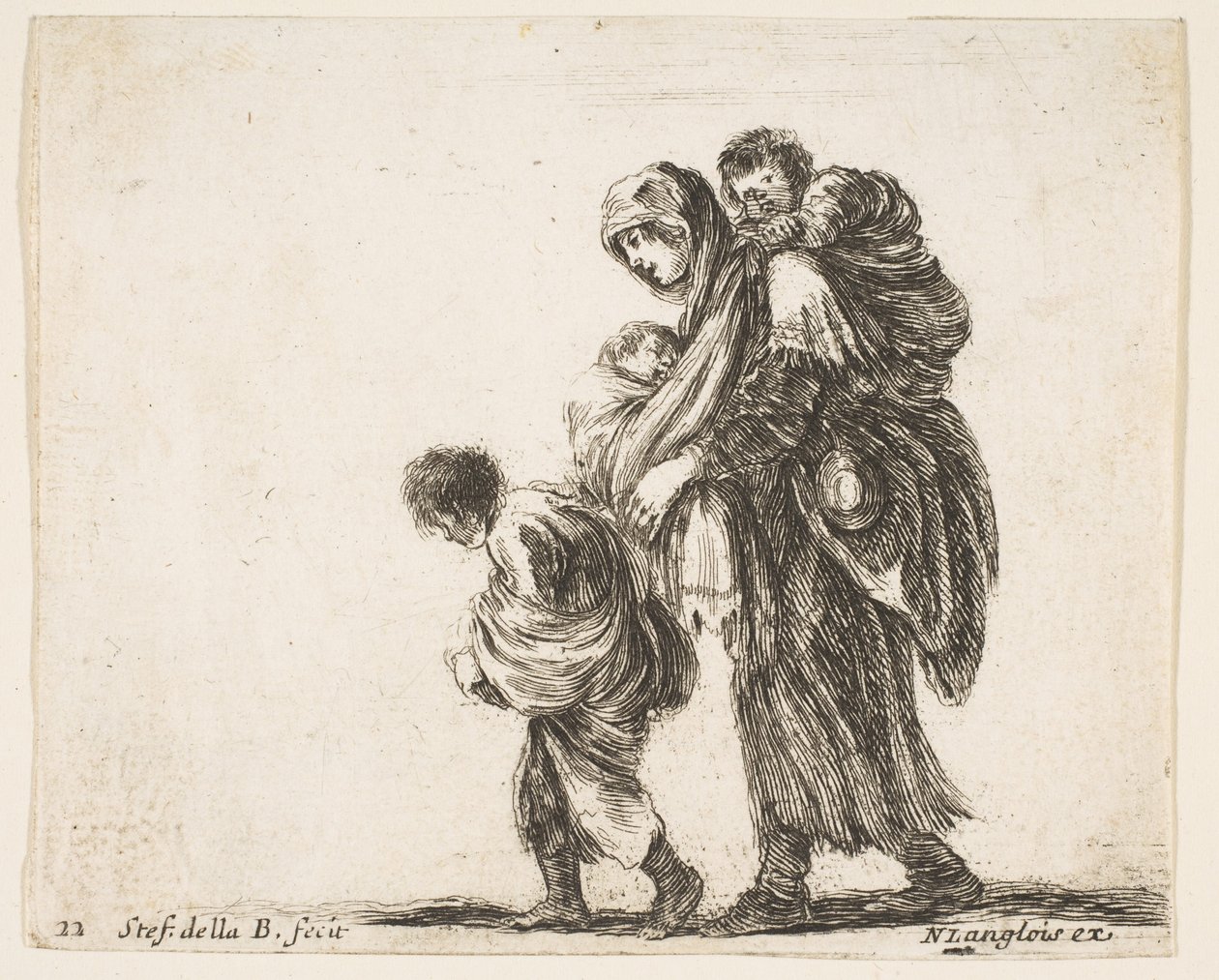 Planche 22 : une mendiante avec trois enfants, un enfant sur ses épaules, vers 1644-47 - Stefano della Bella