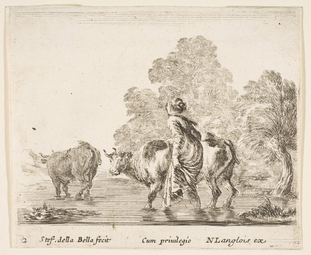 Une paysanne conduisant deux vaches à travers un ruisseau, marchant vers la gauche..., vers 1644-47. - Stefano della Bella