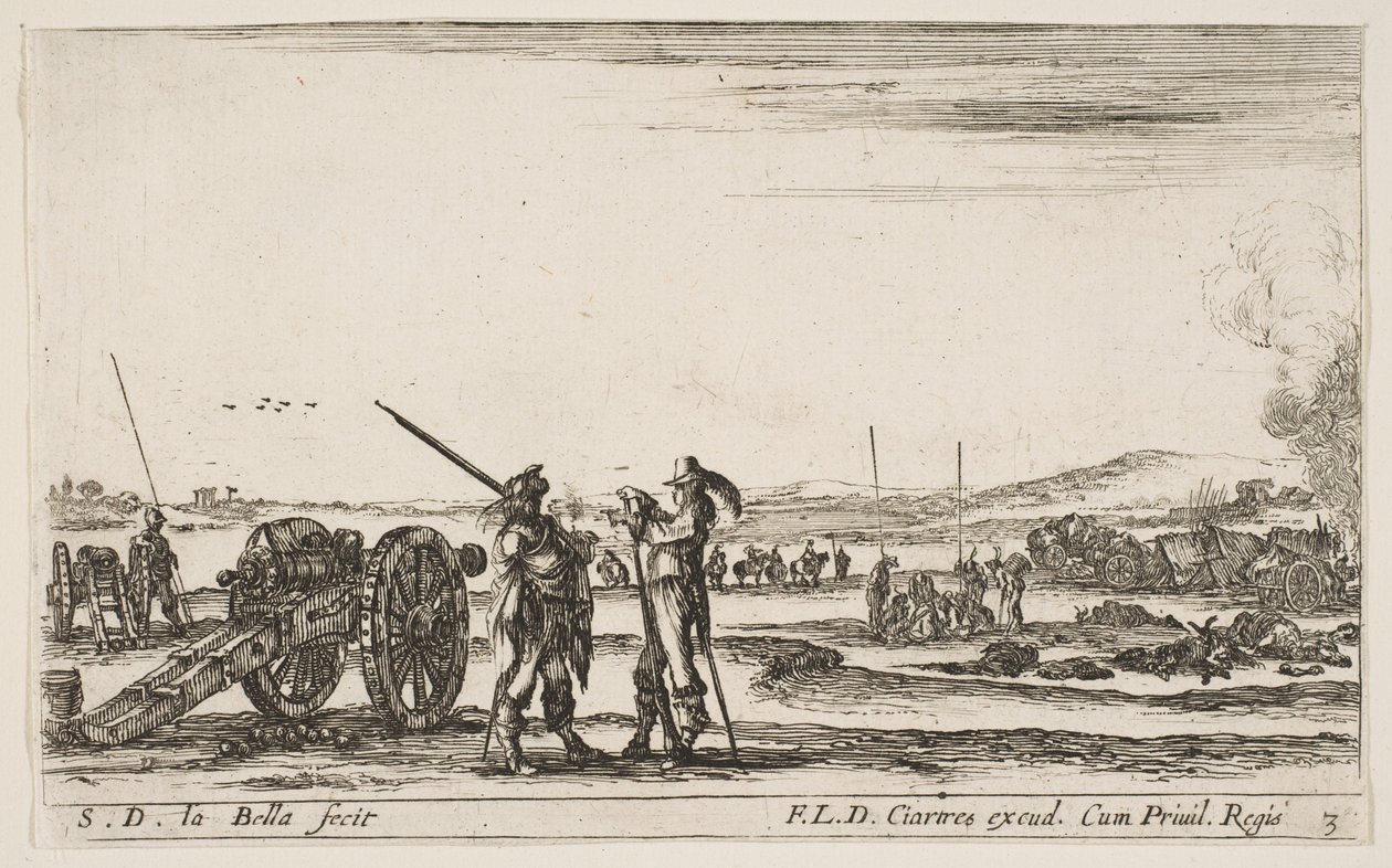 Planche 3 : Un officier donnant des ordres à un soldat au premier plan, canon à gauche, f..., ca. 1641 - Stefano della Bella
