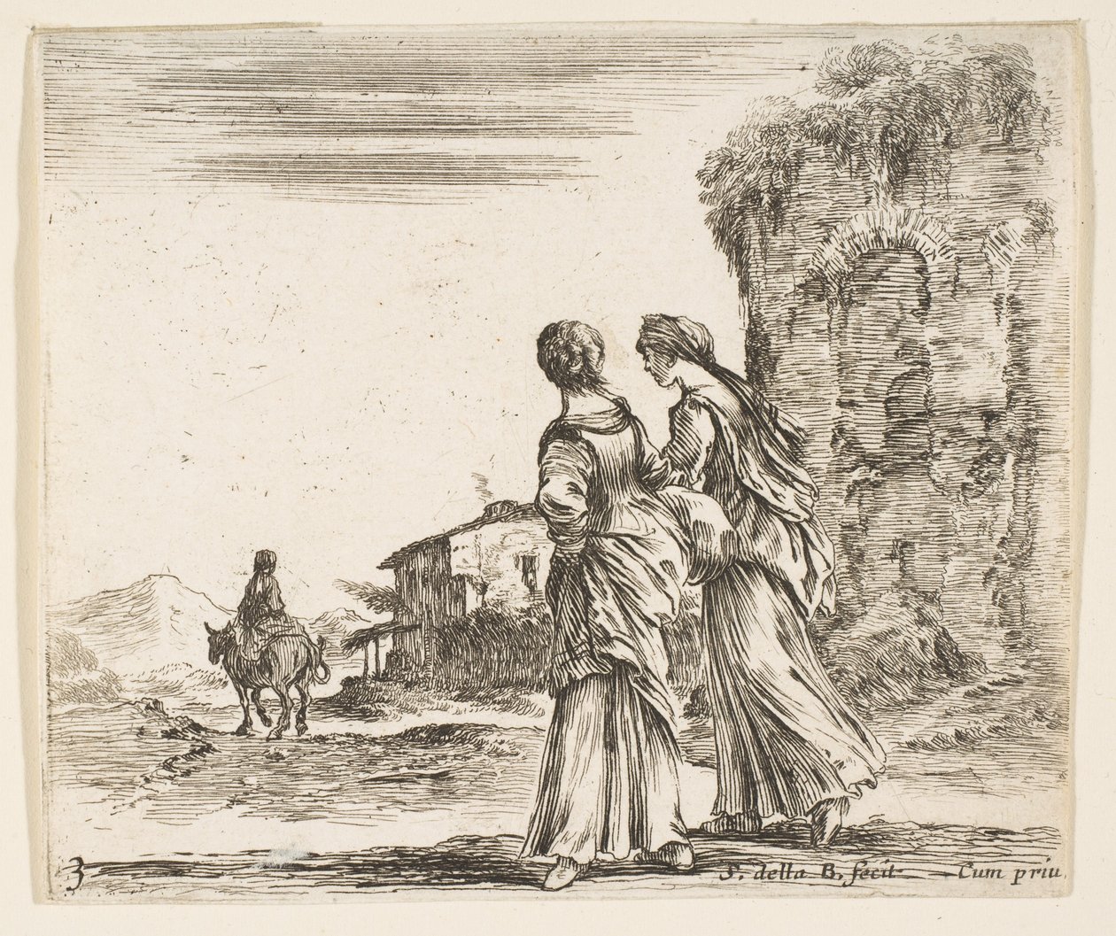 Planche 3 : deux filles marchant vers la gauche, vues de dos, une femme à cheval, vers 1644-47 - Stefano della Bella