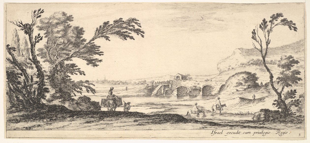 Planche 3 : deux cavaliers traversant une rivière à droite, une femme avec deux paniers sur un âne, vers 1641 - Stefano della Bella