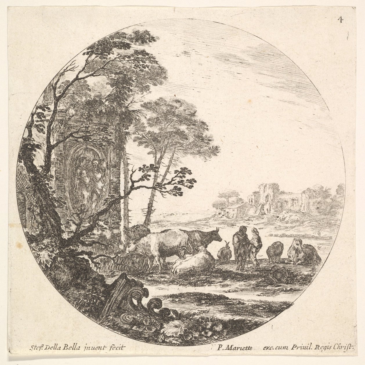 Planche 4 : un chapiteau corinthien au sol à gauche au premier plan, un monument..., vers 1643-48 - Stefano della Bella