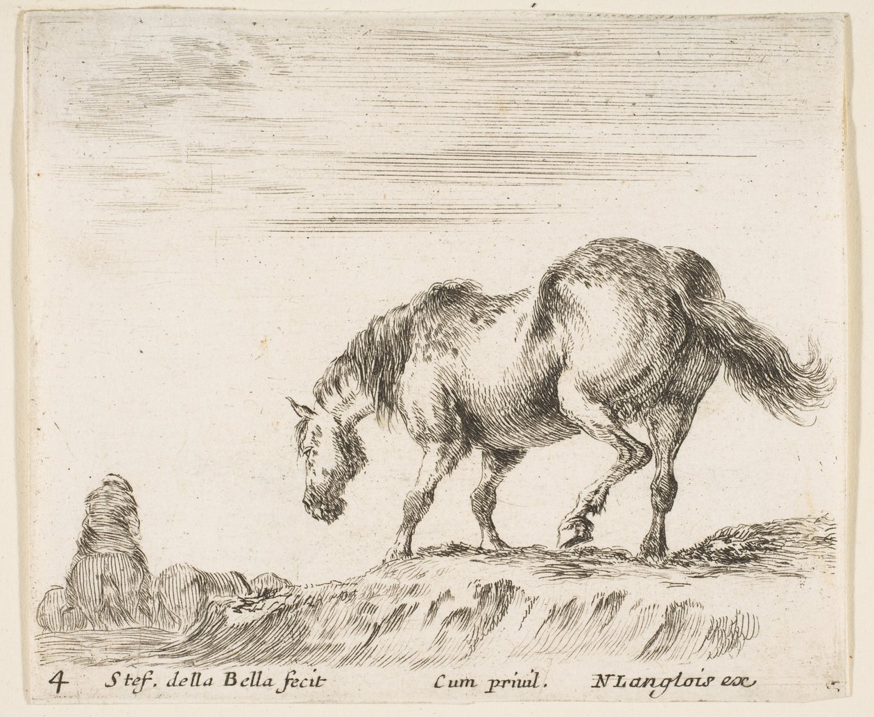 Planche 4: un cheval de profil face à gauche, sur le point de descendre d