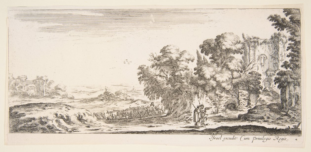 Planche 4 : deux pèlerins observant des ruines à droite, l