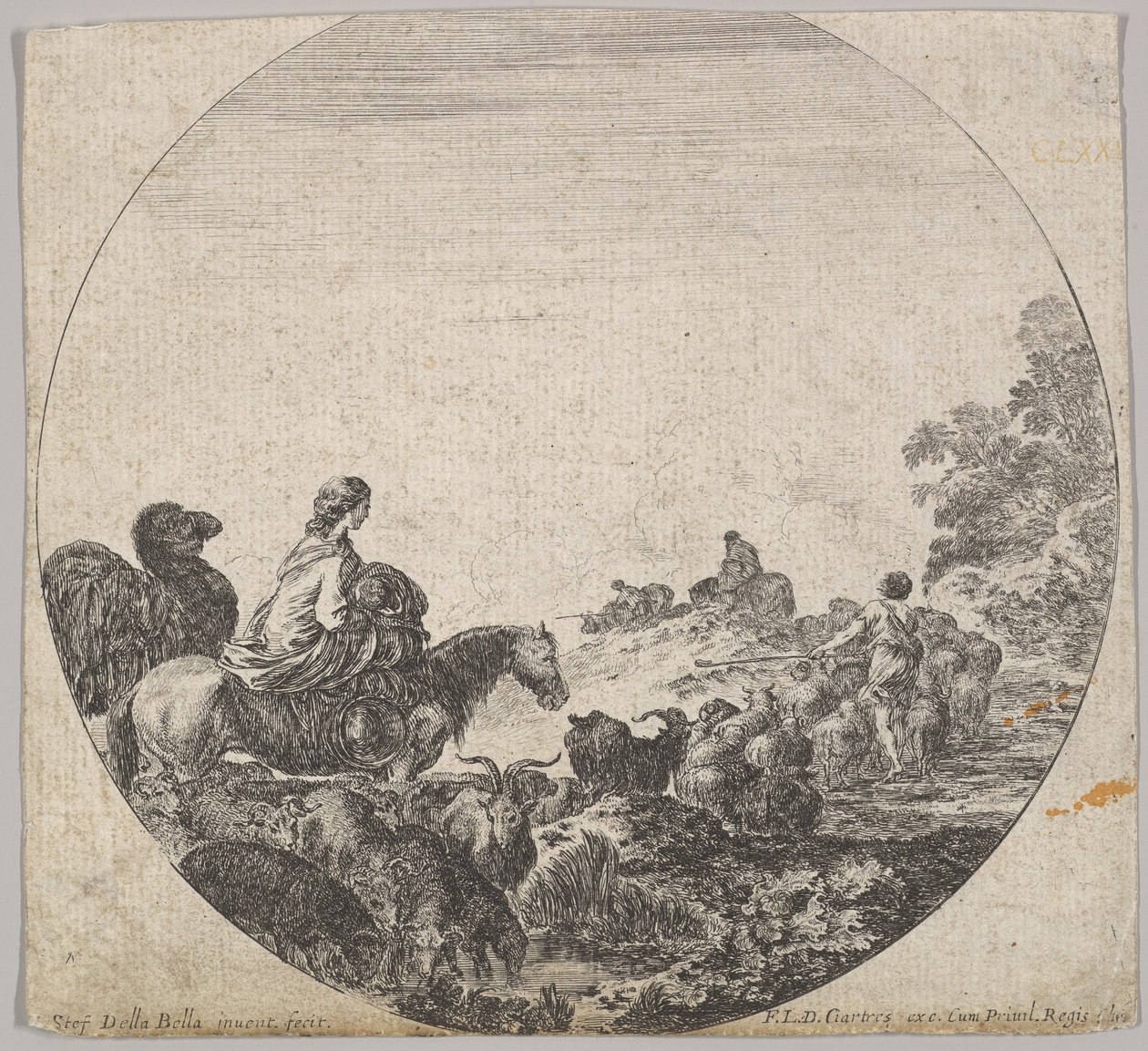 Planche 5 : une femme portant un enfant sur un cheval à gauche, un chameau la suivant, un troupeau, vers 1643-1648 - Stefano della Bella