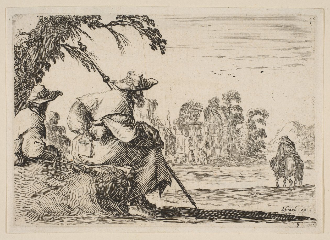 Planche 5 : deux pèlerins avec des chapeaux se reposent à gauche, vus de dos, un cavalier chevauche vers..., 1642 - Stefano della Bella