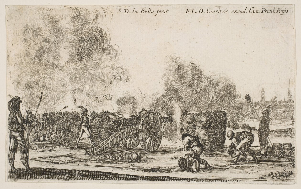 Batterie de canons tirant sur une ville, de Divers Caprices Militaires, vers 1641 - Stefano della Bella