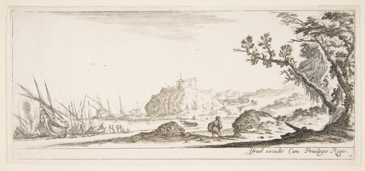 Planche 7: divers bateaux sur le rivage à gauche, un homme portant un sac vu de dos, vers 1641 - Stefano della Bella