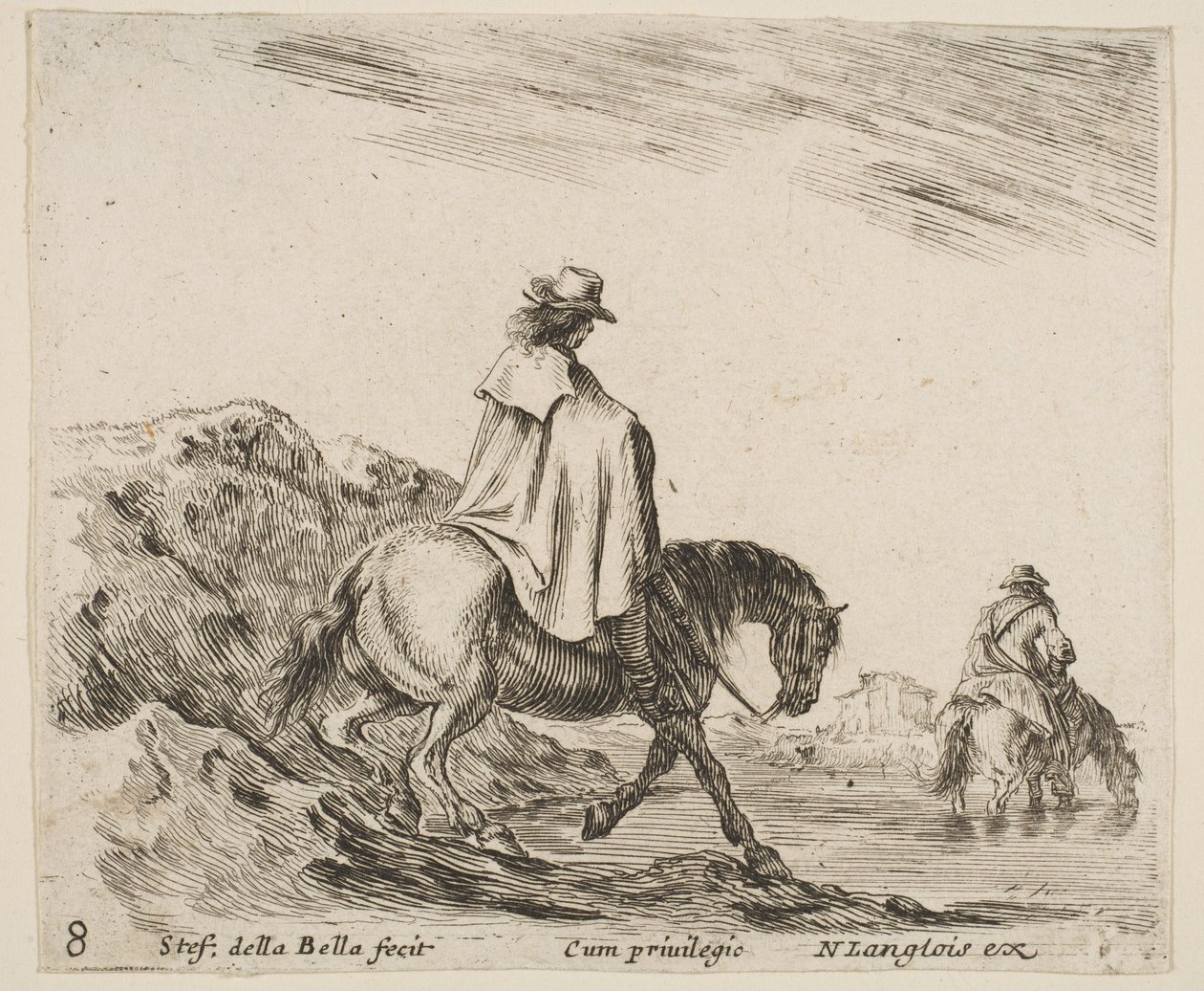 Planche 8 : un cavalier descend une berge, un autre cavalier dans la rivière à droite - Stefano della Bella