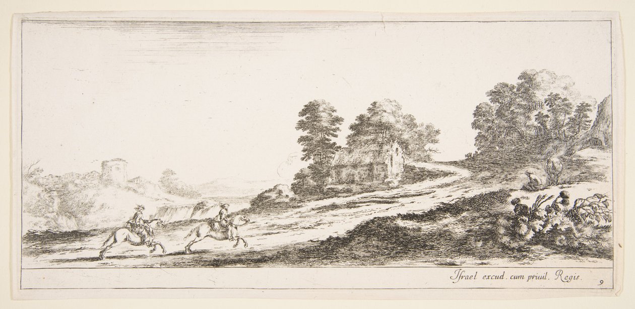 Deux cavaliers à gauche galopant en montée vers la droite, un cheval et un homme assis, vers 1641 - Stefano della Bella