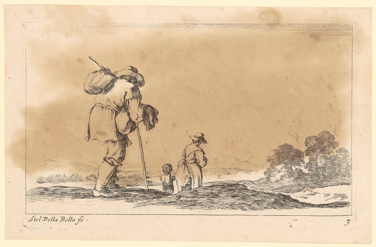 Famille en voyage avec un enfant en bas âge, vue de dos - Stefano della Bella