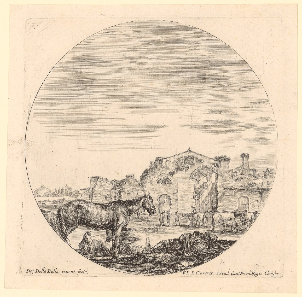 Un berger au repos avec ses chevaux près des thermes de Dioclétien - Stefano della Bella