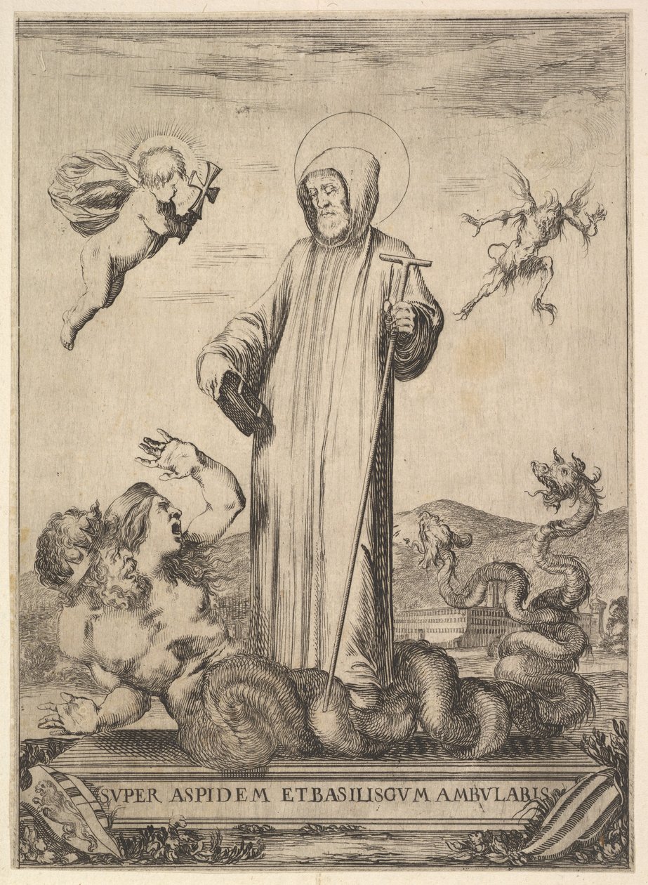Saint Jean Gualbert piétinant un monstre à deux têtes humaines et un corps serpentin, un vol - Stefano della Bella
