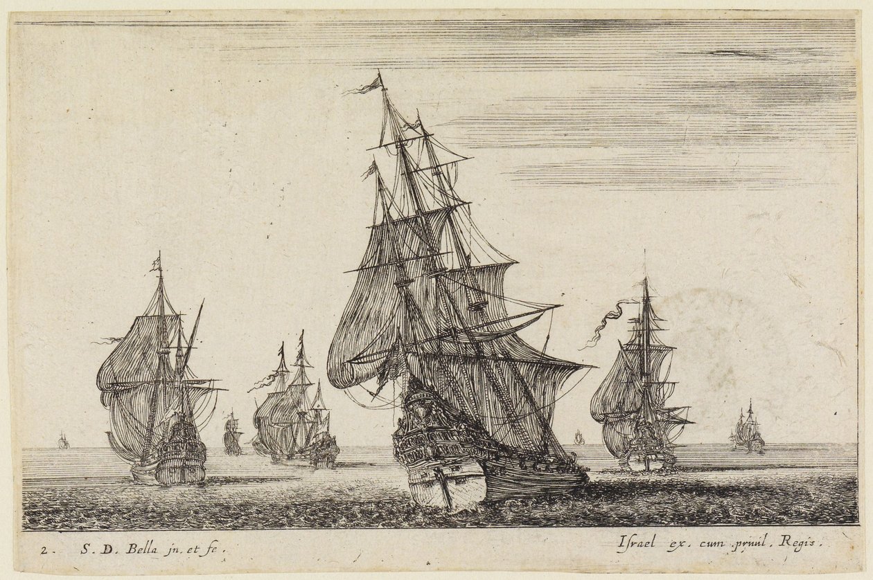 Paysages maritimes : un navire hissant ses voiles au premier plan, d