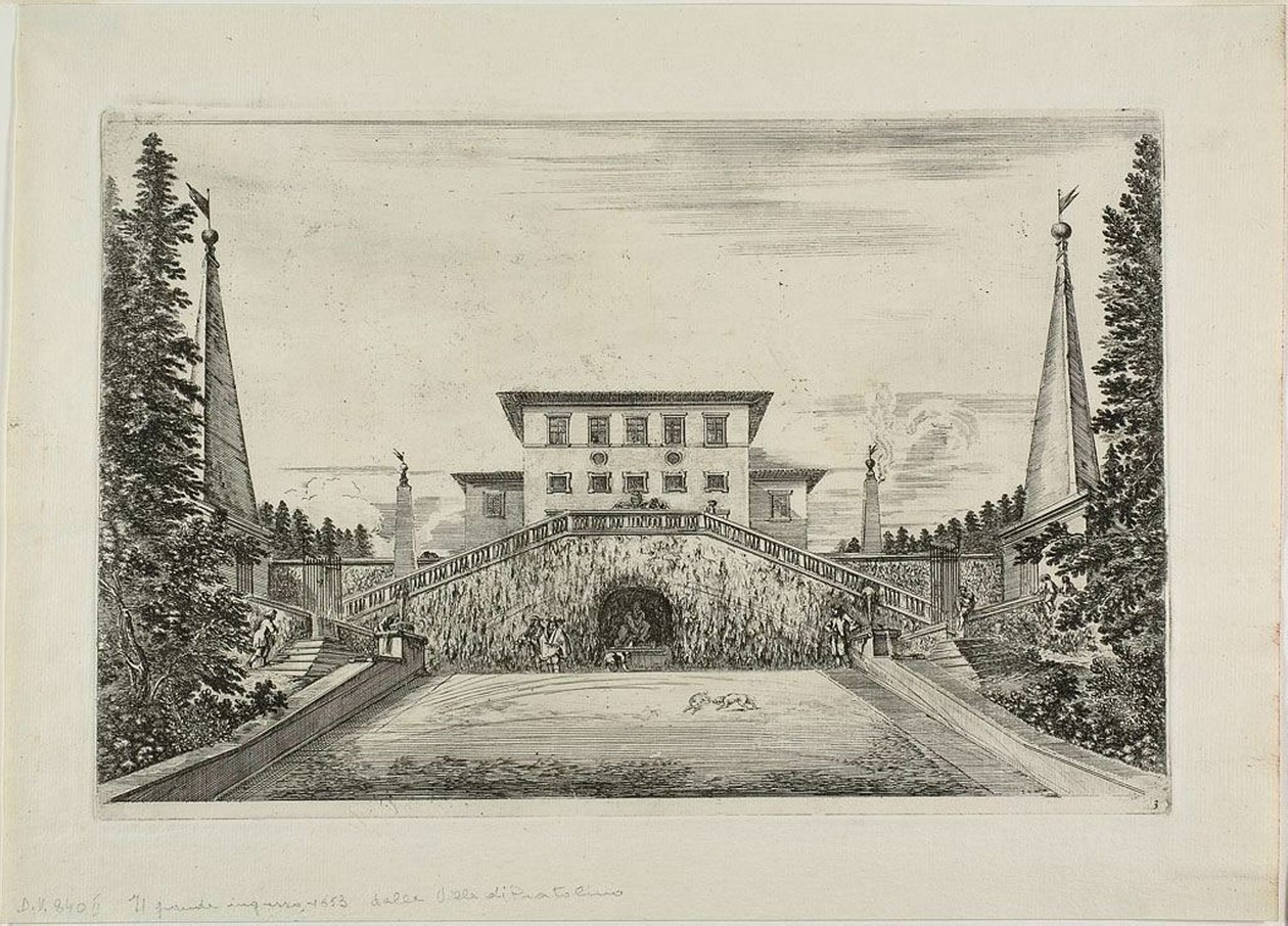 Façade sud de la villa et la grande prairie, des Vues de la Villa Pratolino - Stefano della Bella