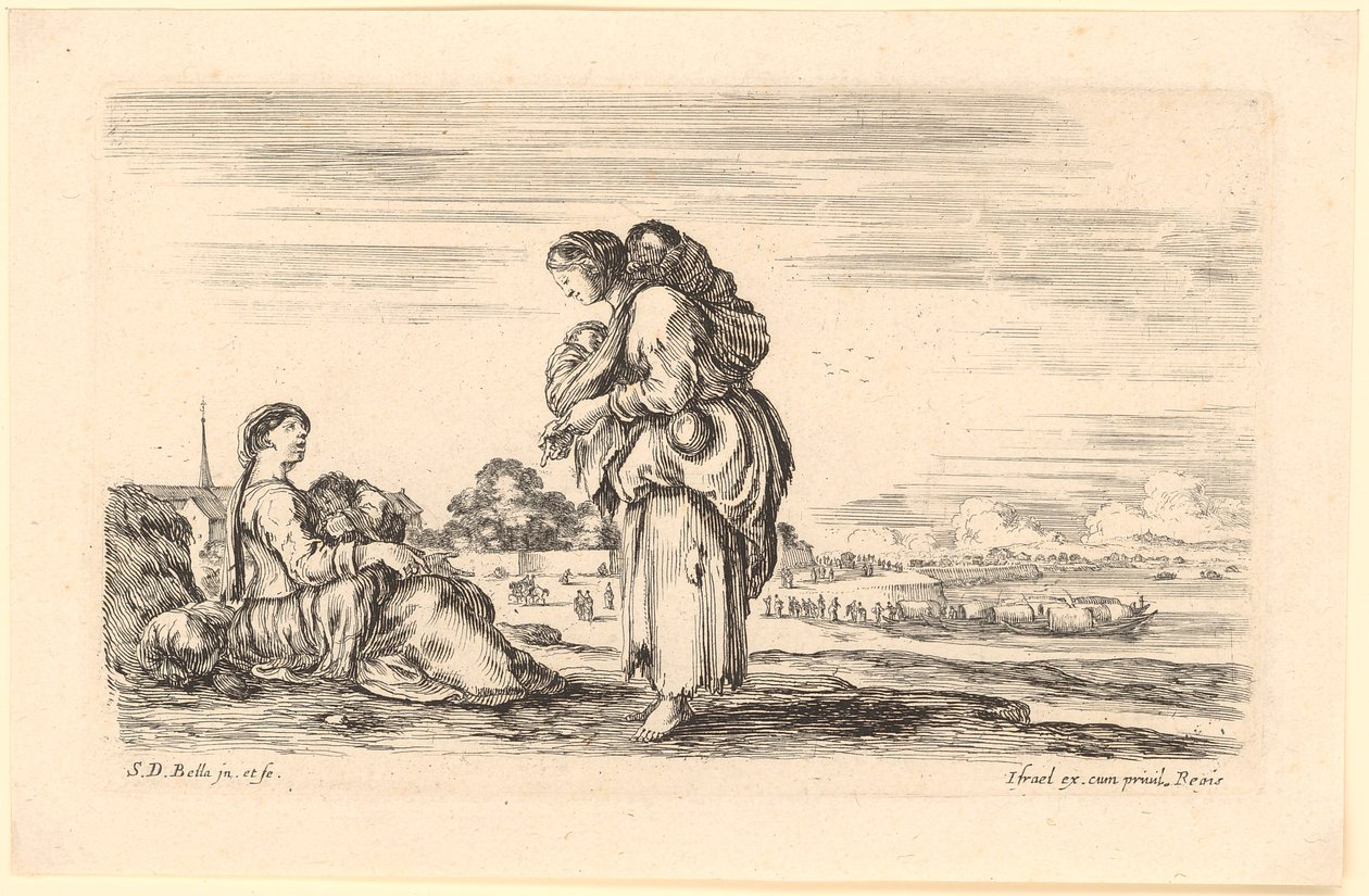 Une femme debout, avec deux enfants dans des écharpes porte-bébé, parle à une femme assise avec un enfant - Stefano della Bella