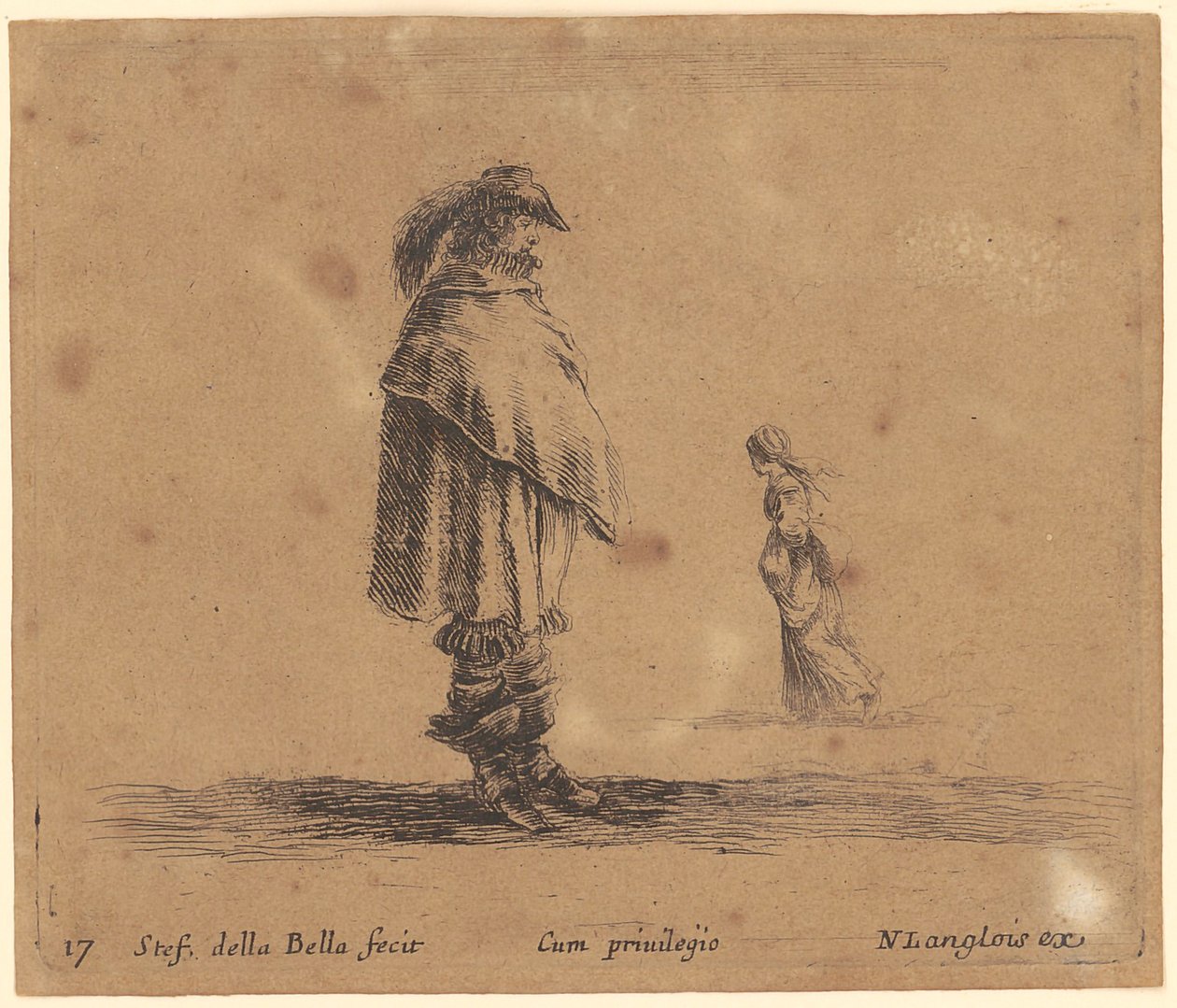 Homme debout avec chapeau et plume, enveloppé dans son manteau, derrière lui une femme marchant vers la gauche - Stefano della Bella