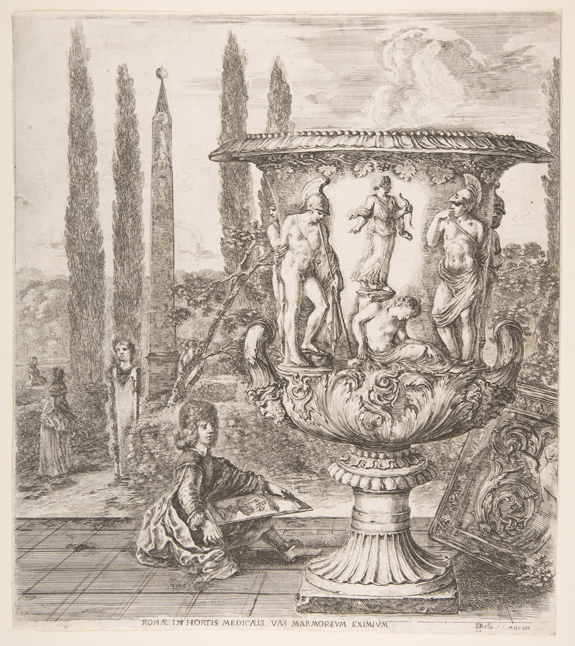 Le Vase Médicis, un grand vase à droite décoré d