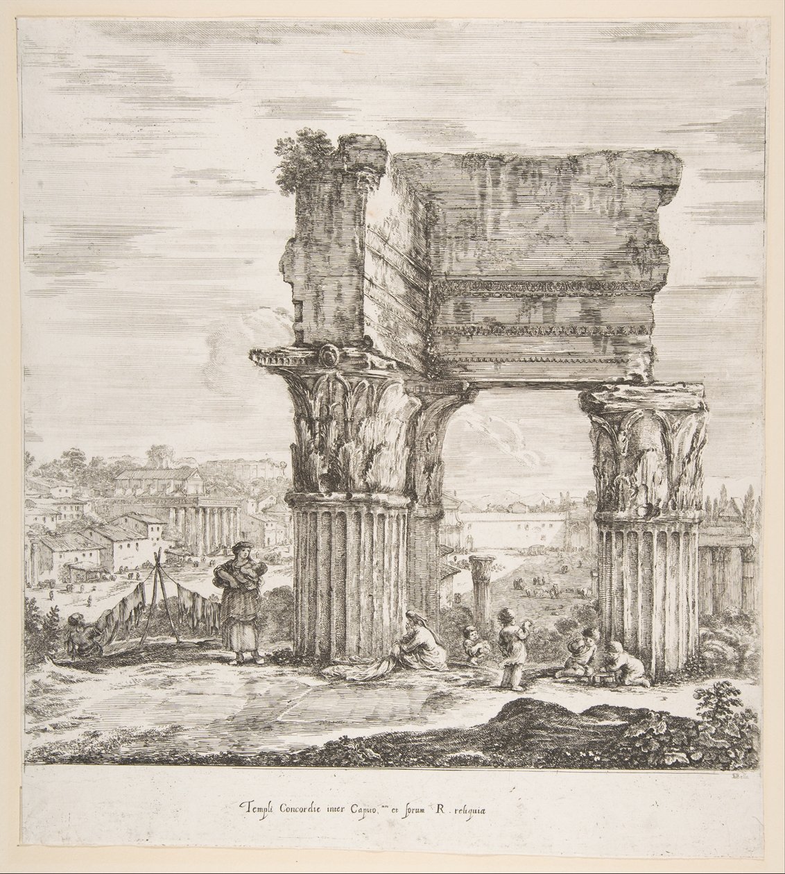 Le Temple de Vespasien et le Forum Romain, de Six grandes vues, quatre de Rome - Stefano della Bella