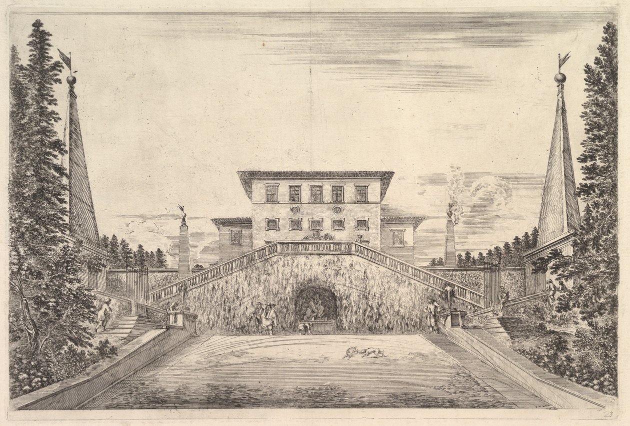 La villa au centre flanquée de quatre obélisques, un escalier de chaque côté, une statue, vers 1653 - Stefano della Bella