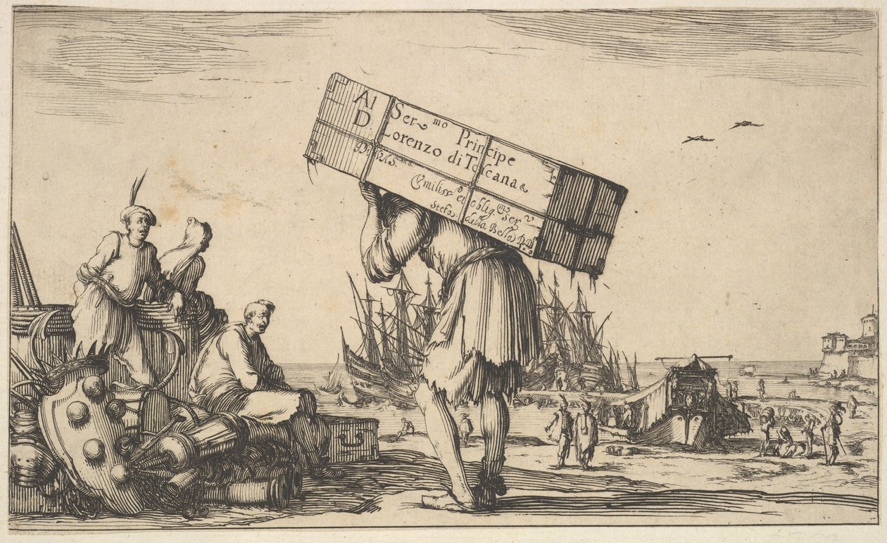 Page de titre : un homme portant une caisse sur son dos au centre, trois hommes le regardant..., 1639 - Stefano della Bella