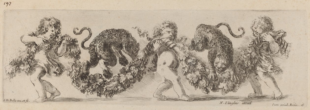 Deux léopards sautant un feston soutenu par des enfants - Stefano della Bella
