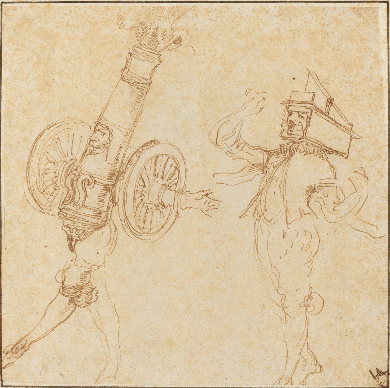 Deux hommes en costumes de mascarade : un canon tirant et un chat dans une souricière, vers 1645 - Stefano della Bella