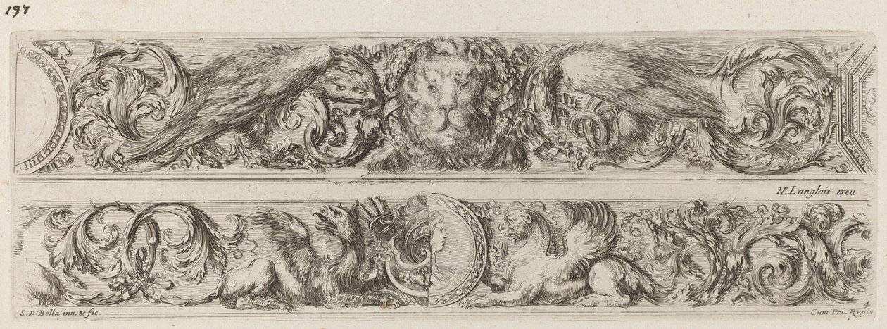 Deux bandes ornementales avec tête de lion et femme - Stefano della Bella