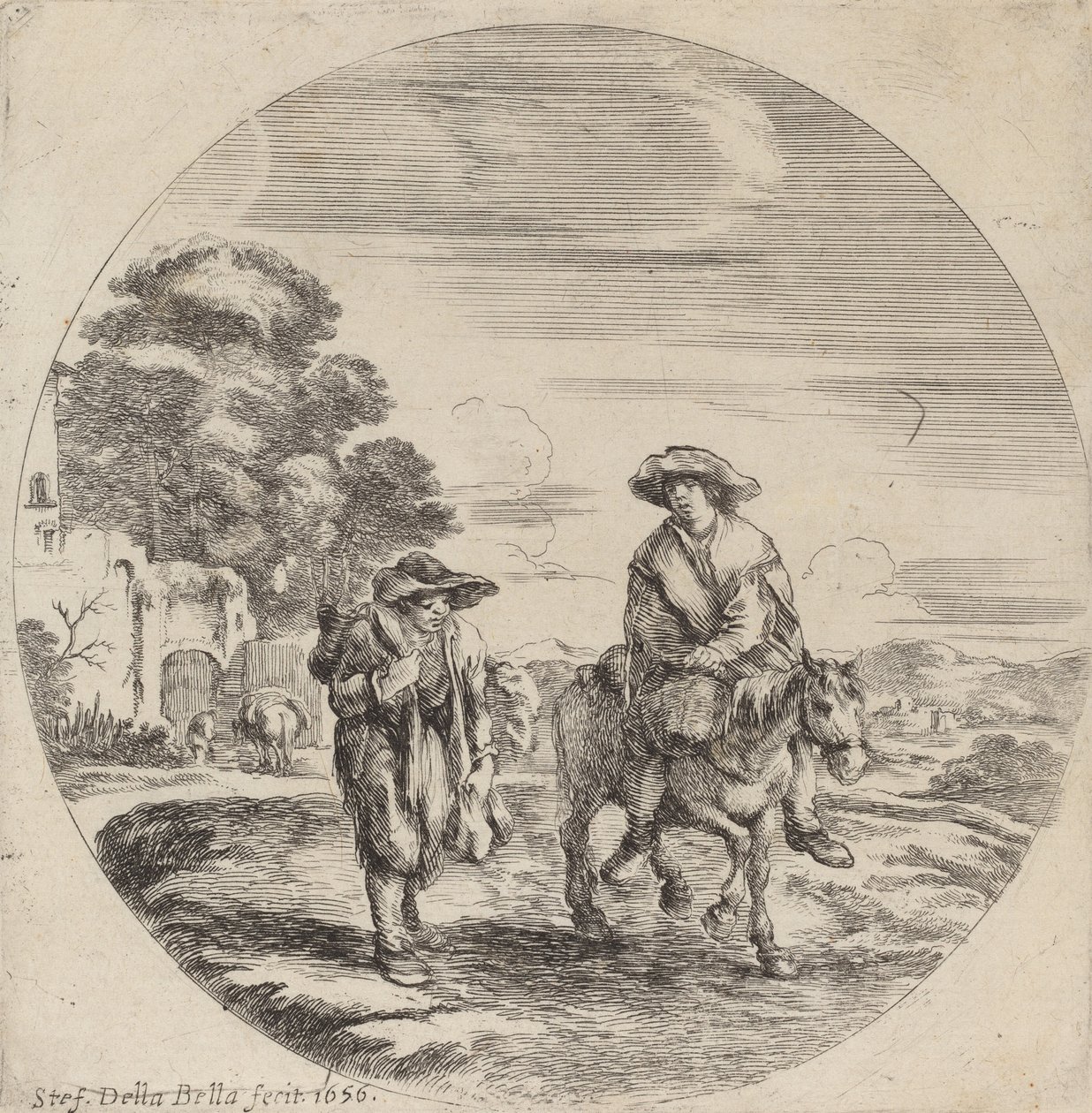 Deux paysans voyageant dans un paysage - Stefano della Bella