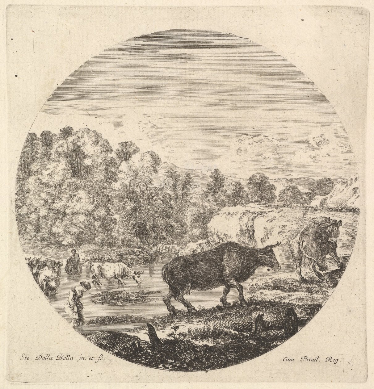 Deux vaches au centre, suivies de deux paysannes et d