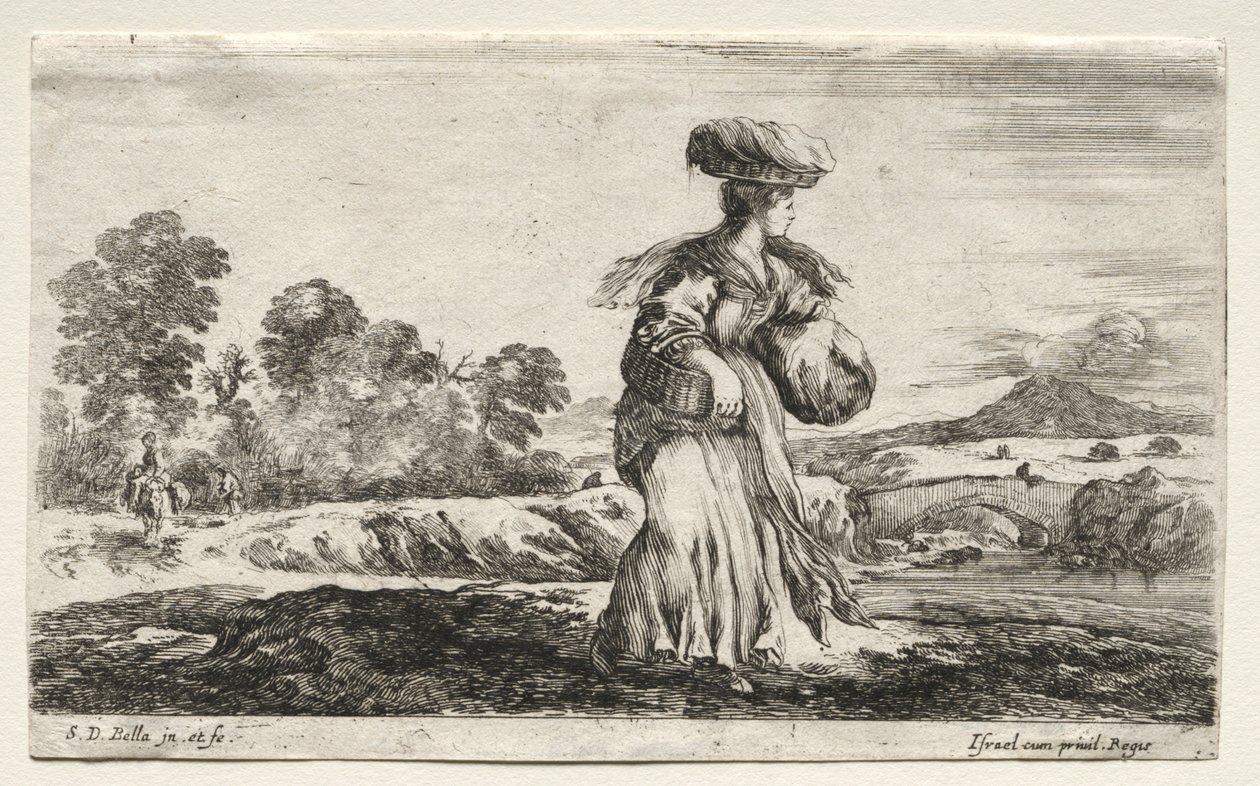 Divers personnages et paysages : Paysanne portant un panier sur la tête - Stefano della Bella