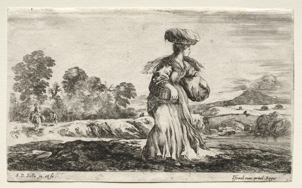 Diverses figures et paysages : Femme paysanne portant un panier sur la tête - Stefano della Bella