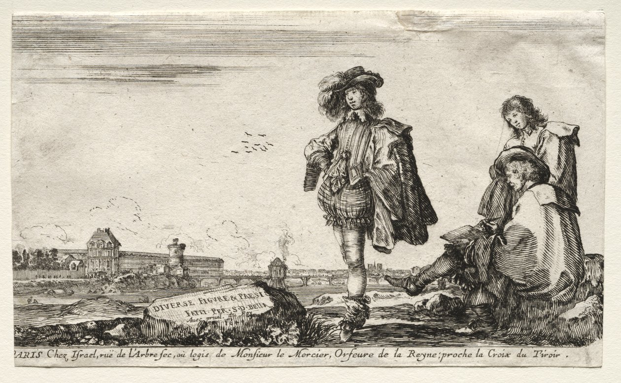 Diverses figures et paysages : Page de titre - Trois figures - Stefano della Bella