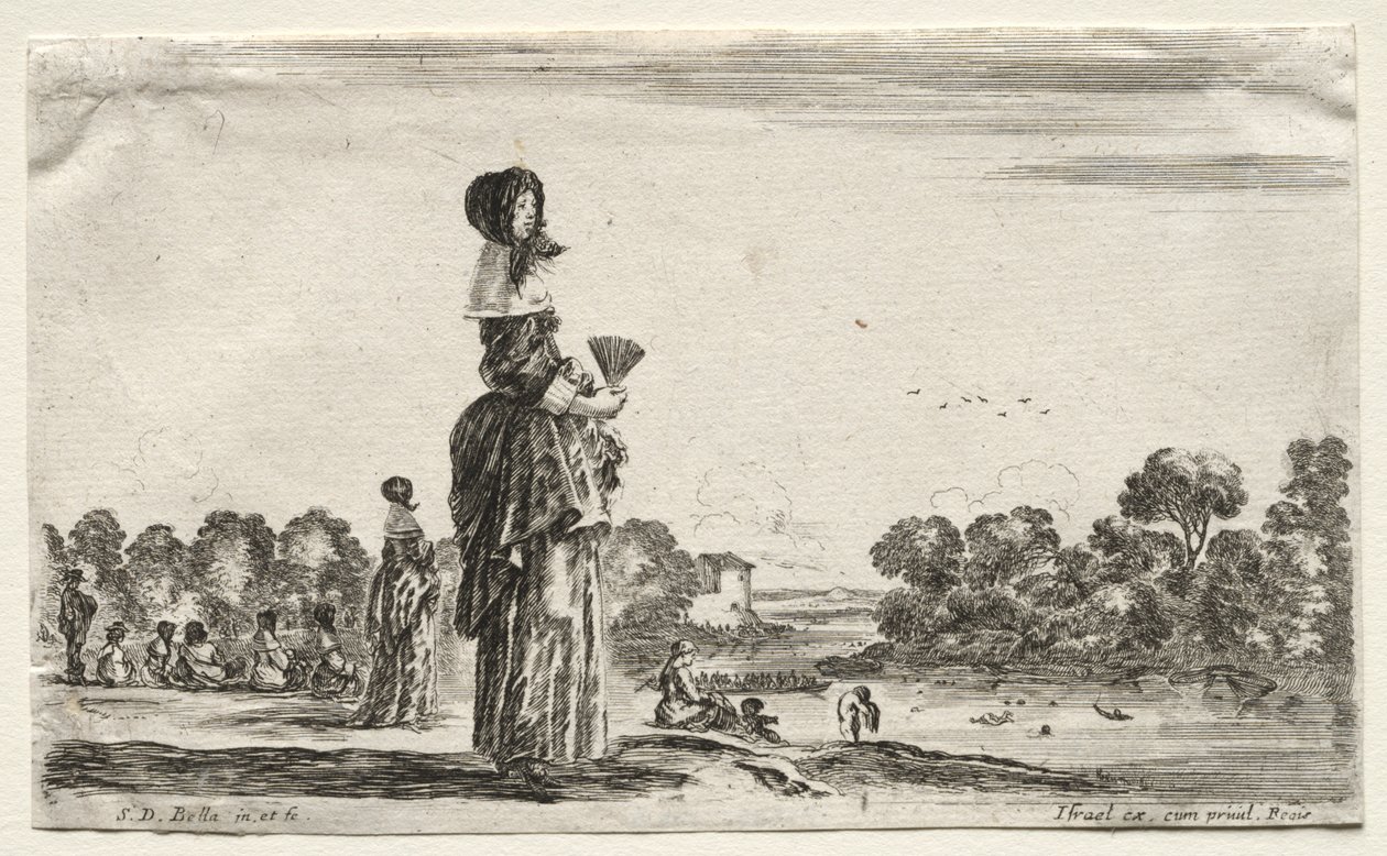 Diverses figures et paysages : Femmes regardant des baigneurs le long d