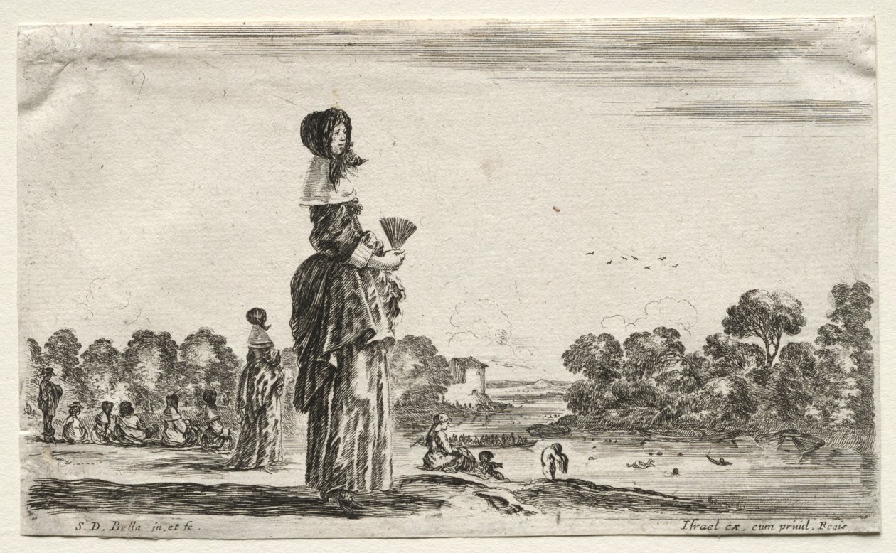 Diverses figures et paysages : femmes regardant des baigneurs le long d