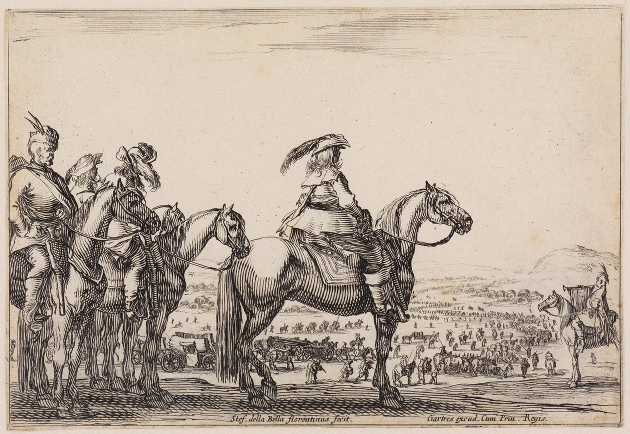 Divers personnages (Varie figure) : armée en marche dans la plaine. Sur la butte au premier plan, le commandant et ses accompagnateurs ; à droite, un trompettiste. - Stefano della Bella