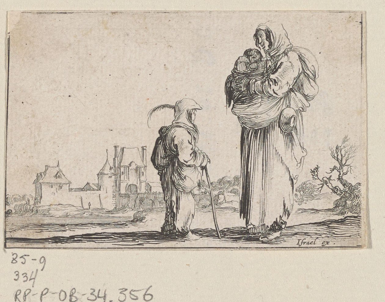 Femme tenant un enfant dans ses bras et un autre enfant debout - Stefano della Bella
