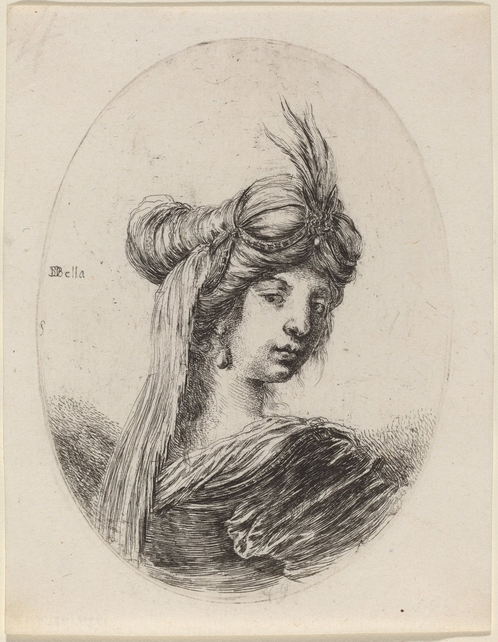 Femme avec un turban à plumes et un voile, tournée vers la droite, 1649-1650 - Stefano della Bella