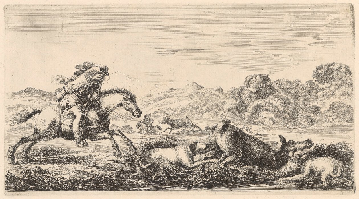Deux chiens terrassent une biche - Stefano della Bella