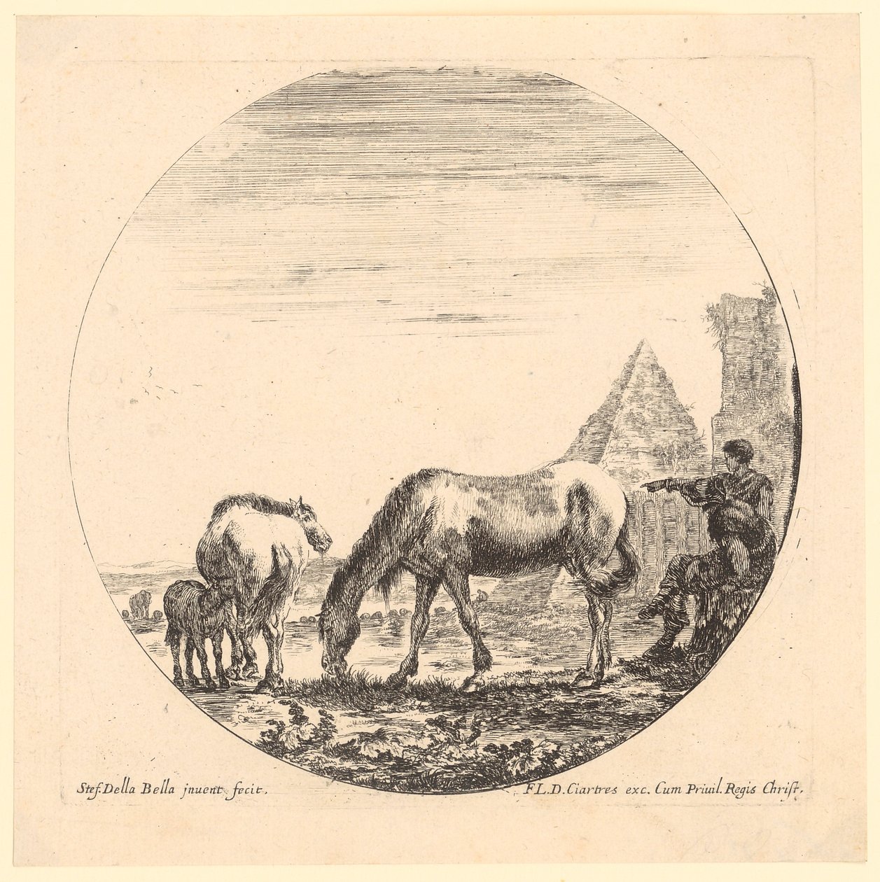 Deux chevaux accompagnés de leurs poulains et deux bergers près de la pyramide de Caius Cestius - Stefano della Bella