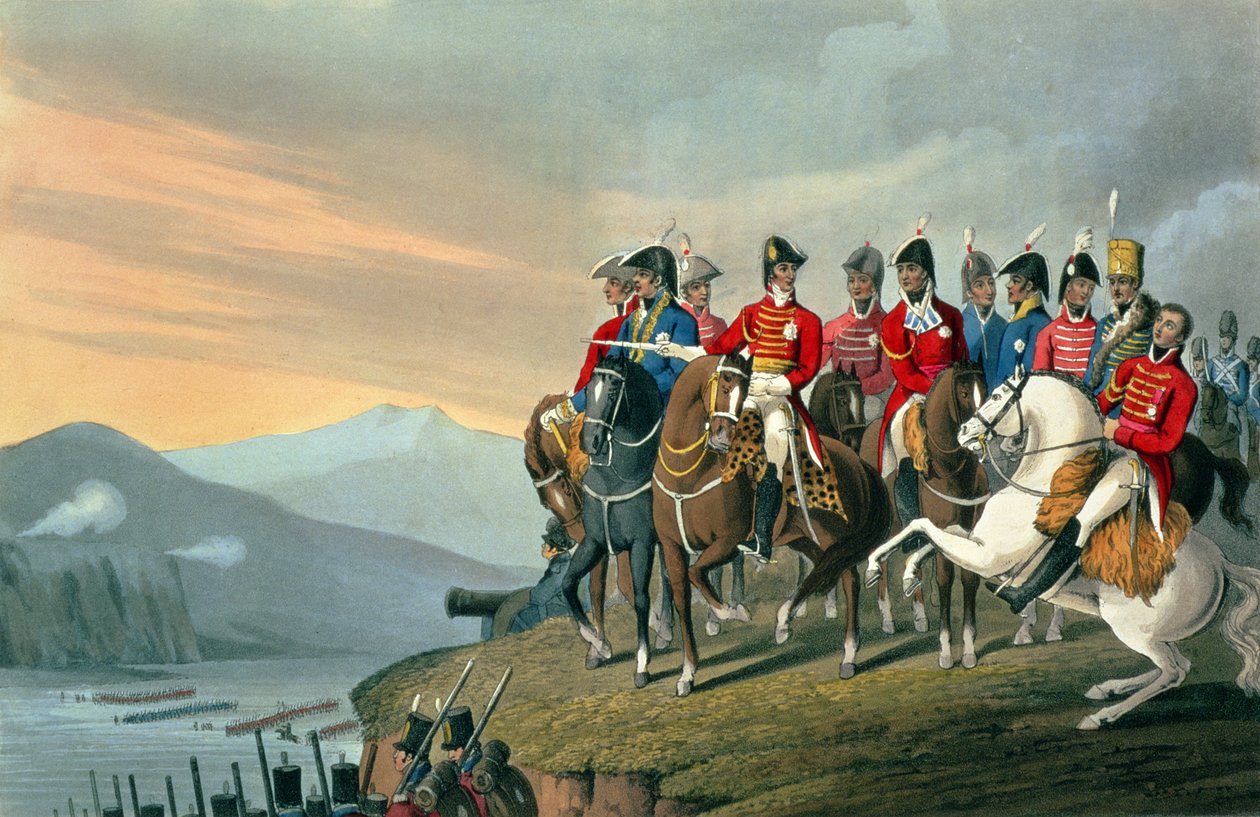 Le Duc de Wellington et son État-Major Traversant la Bidassoa et Entrant en France, 1813, gravé par Matthew Dubourg de Historic, Military and Naval Anecdotes, pub. par Edward Orme - Hyacinthe Francois Rigaud