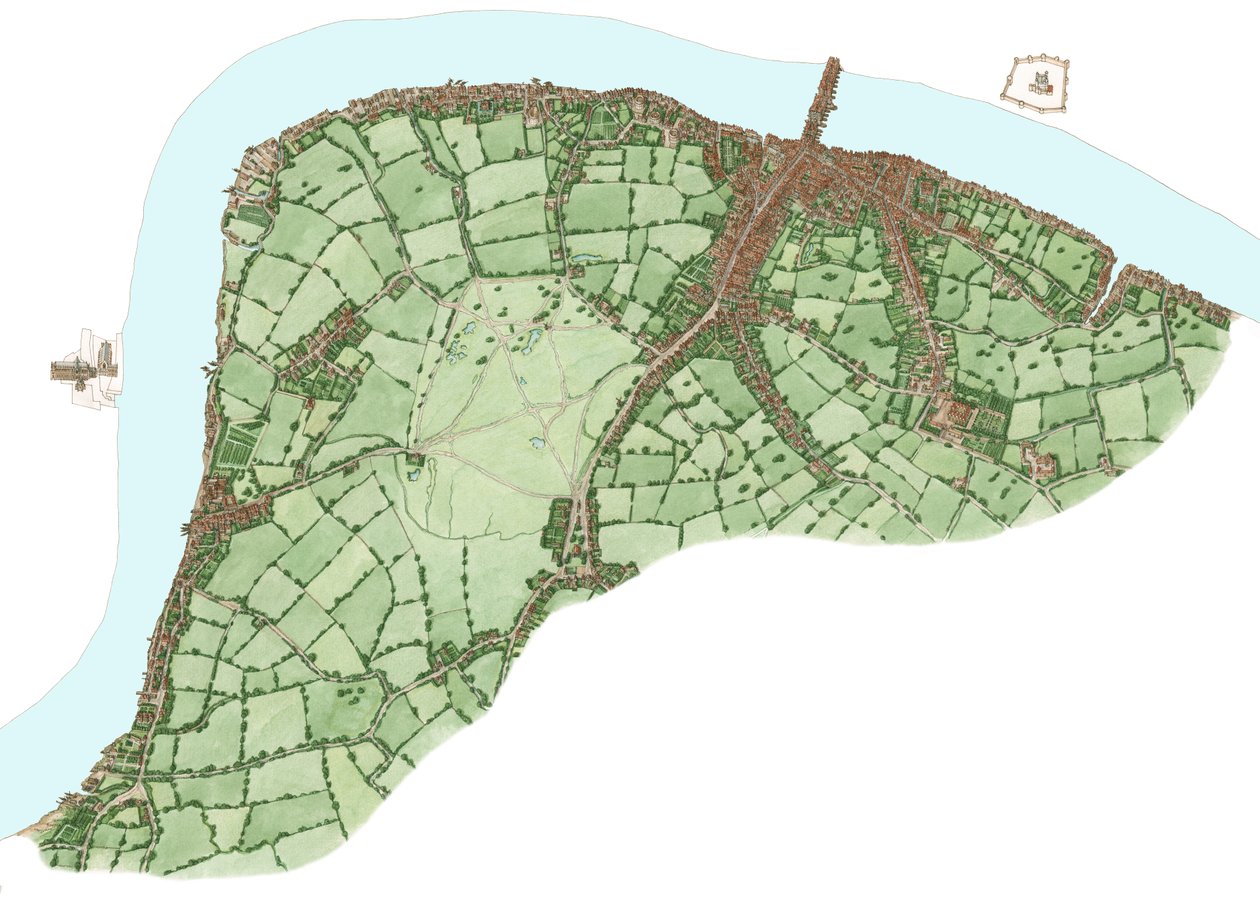 La rive sud, Londres, entre Vauxhall et Bermondsey vers 1600, 2021 (encre et aquarelle, numérique) - Stephen Conlin