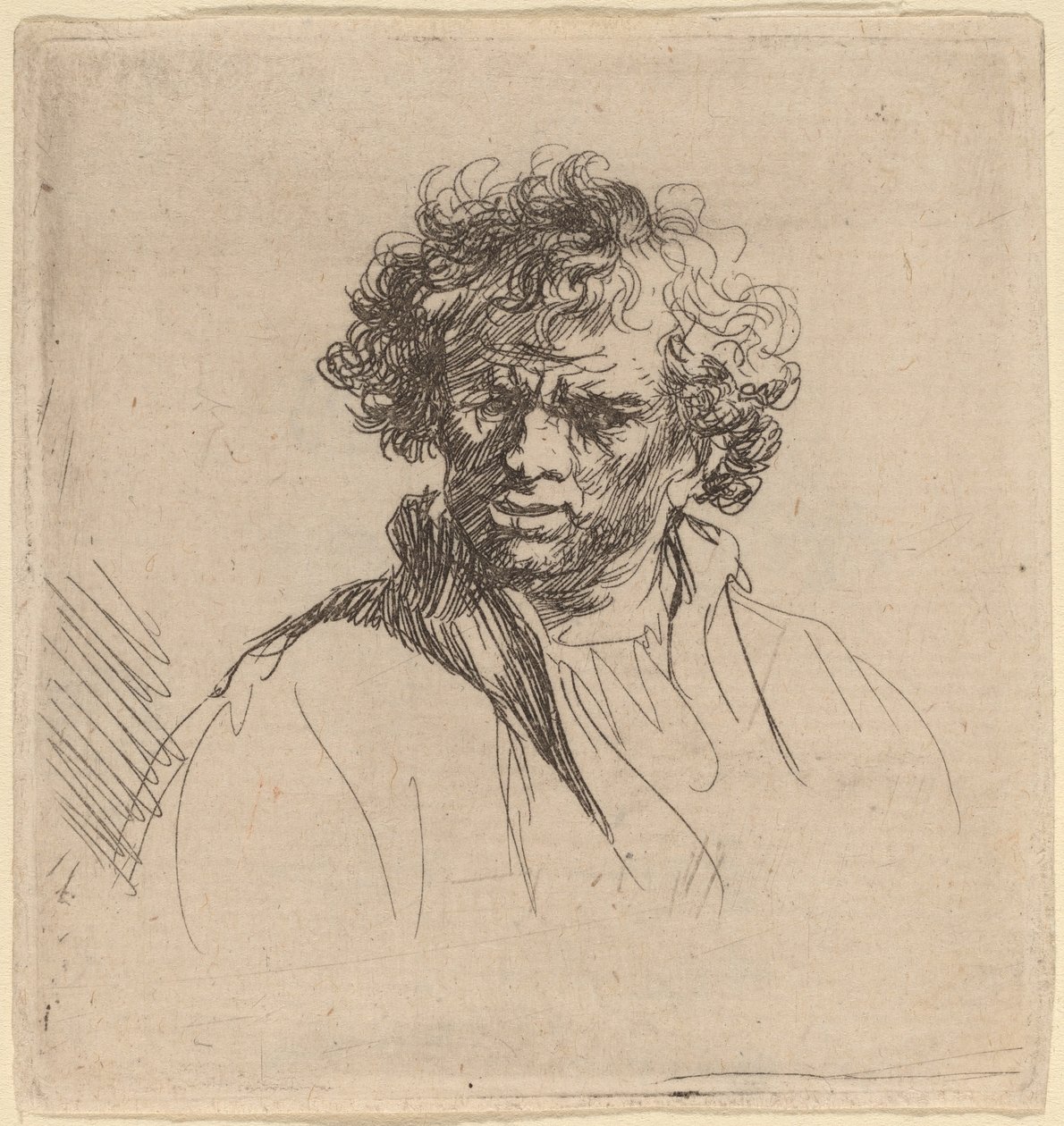 Homme aux cheveux bouclés avec une bouche tordue - Studio of Rembrandt van Rijn