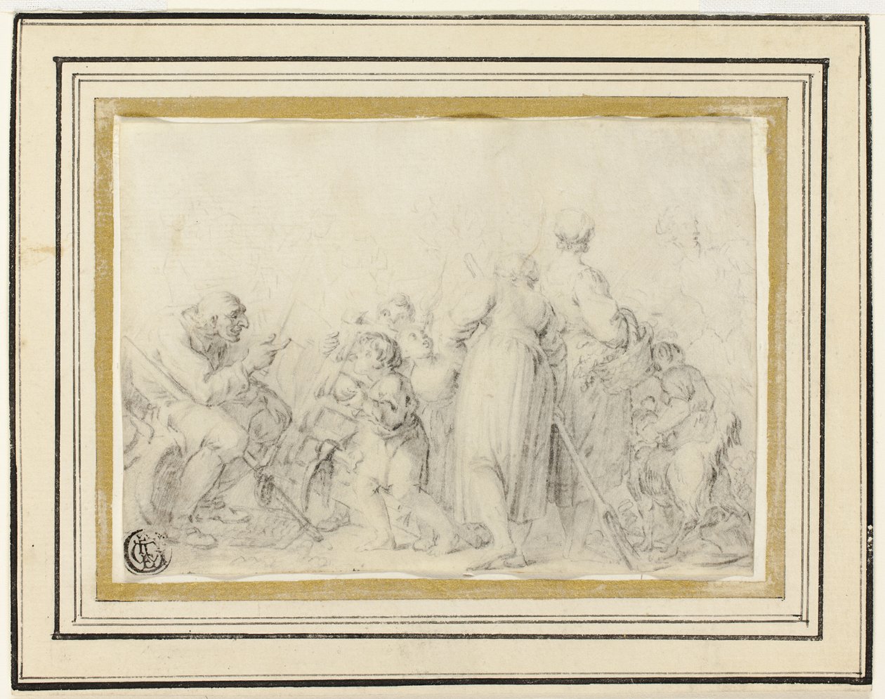 Scène de genre avec un vieil homme, des paysannes et des enfants - Style of Jean Baptiste Greuze
