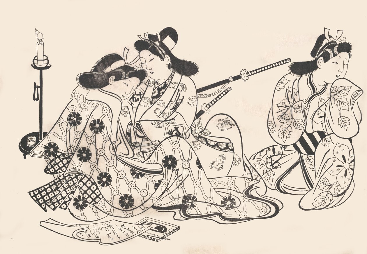 Samouraï et courtisane assis, un serviteur à côté d