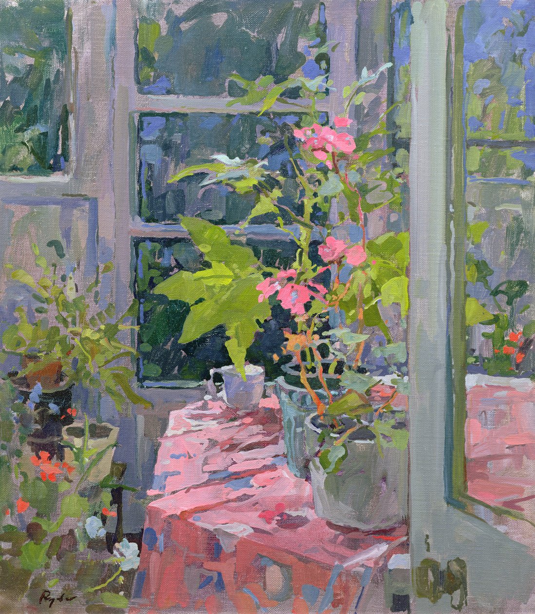 Géraniums et tissu rose - Susan Ryder